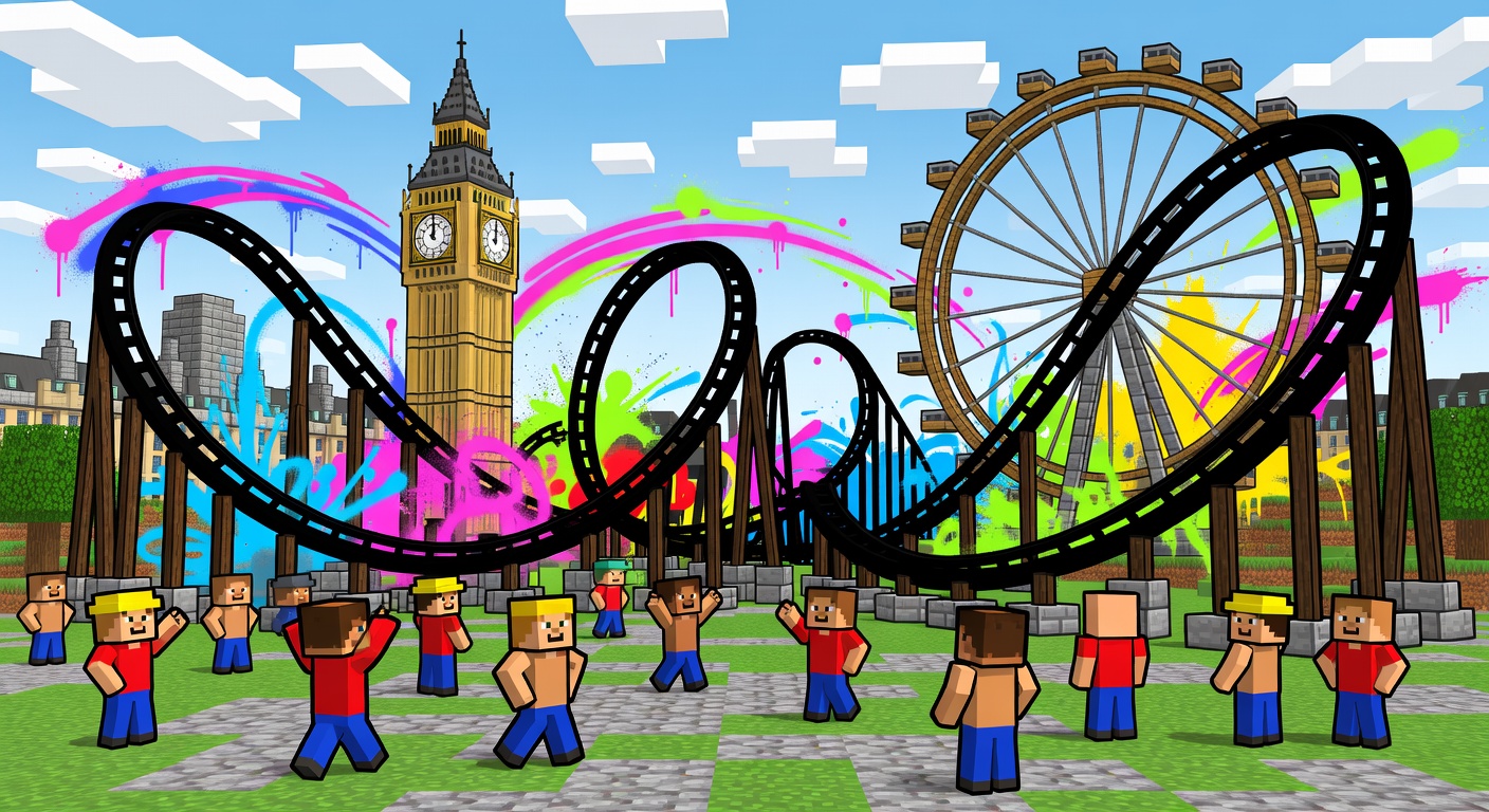 Generischer Blockwelt-Themenpark mit Achterbahn und bunten Fahrgeschäften ohne Markenlogos