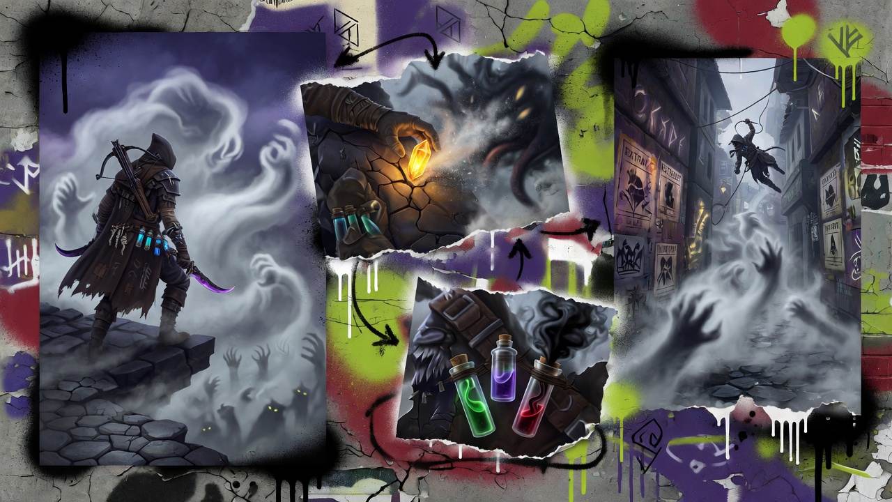 Düstere Fantasy-Collage mit gepanzertem Jäger, Nebel, Ruinen und magischen Effekten in kräftiger Street-Art-Optik ohne Logos