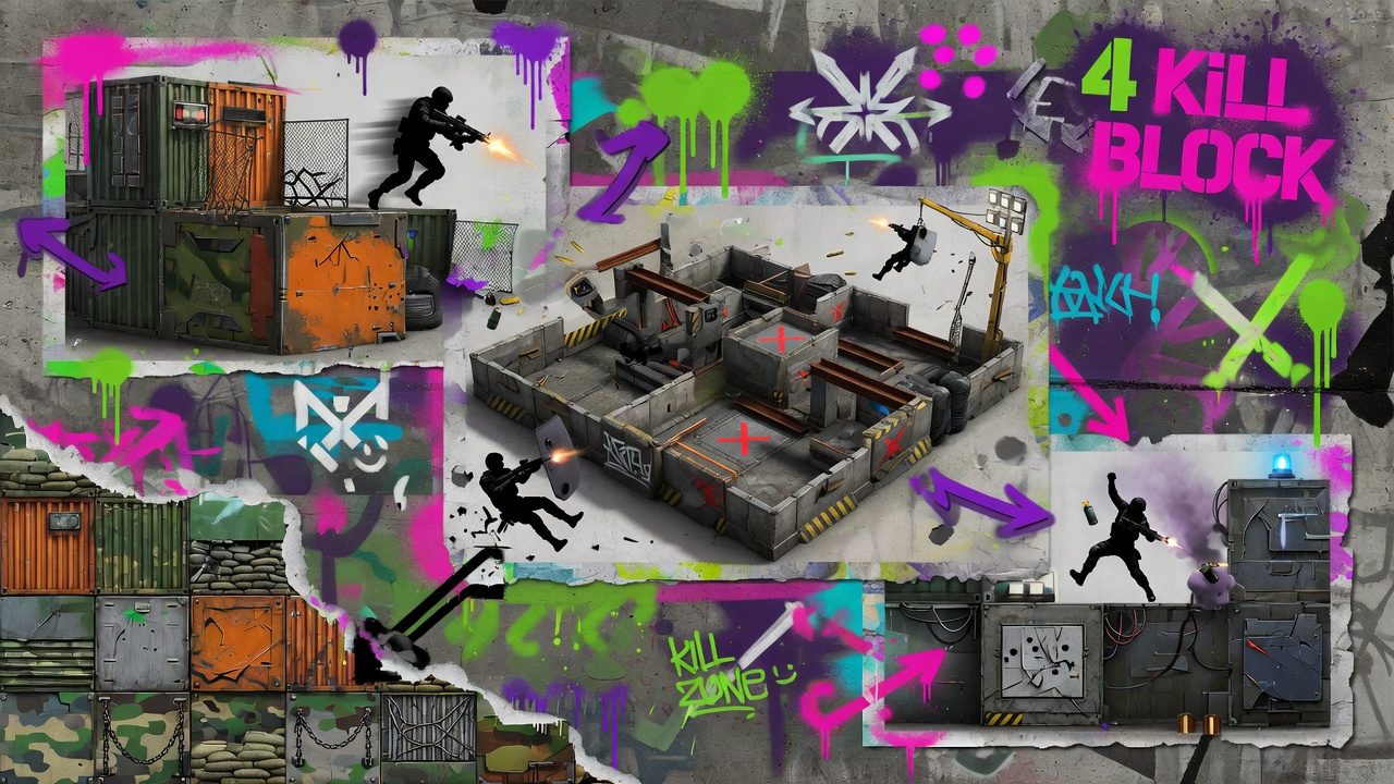Dynamische Shooter-Collage mit modularer Trainingsarena, Containern, Schnee und generischen Soldaten ohne Logos