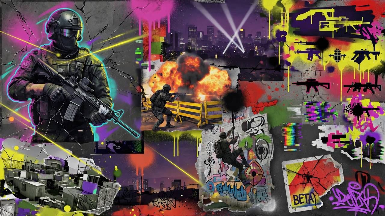 Düstere Shooter-Collage mit generischen Soldaten, Trainingsanlage und digitaler Einsatzkarte ohne Logos
