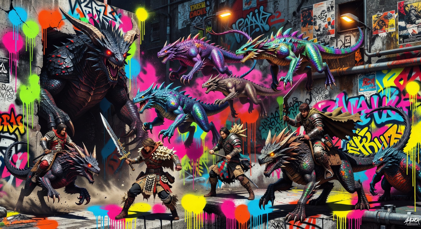 Dynamische, generische Monsterjäger-Collage im Street-Art-Stil