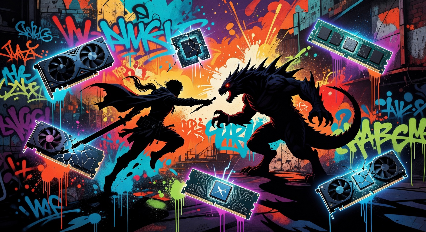 Abstrakte Jagdszene mit Monster-Silhouette, Ausrüstung und PC-Hardware-Lichtakzenten