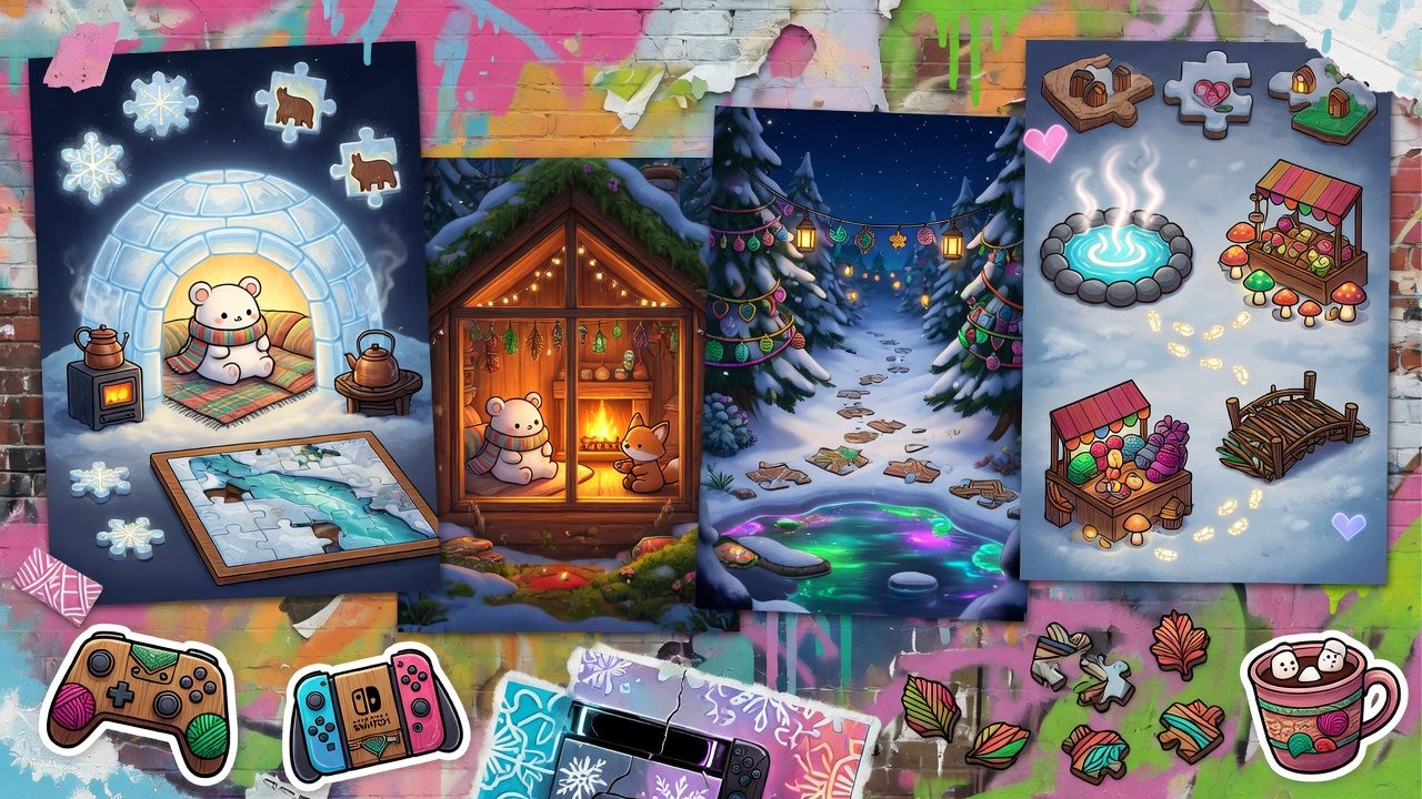 Bunte Street-Art-Collage mit verschneitem Tal, gemütlicher Abenteuerstimmung und Gaming-Motiven ohne Logos oder bekannte Figuren