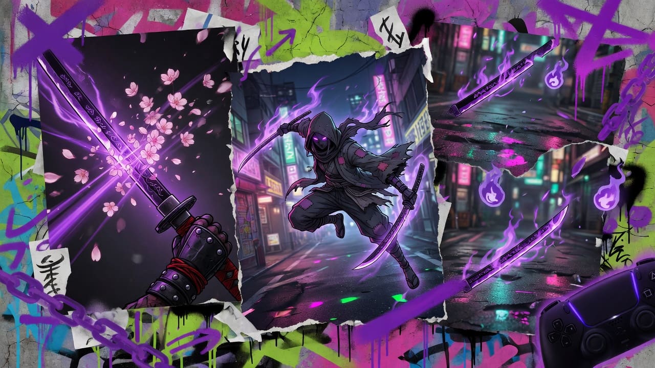 Bunte Action-RPG-Collage mit Schwertkämpfern, Masken, Kirschblüten und japanisch inspirierter Fantasiewelt ohne Logos
