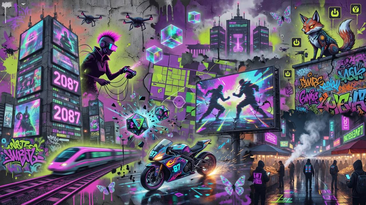 Cyberpunk-Berlin-Collage mit Neon-Skyline, Detektivsilhouette und futuristischen Straßenschluchten ohne Logos oder bekannte Figuren
