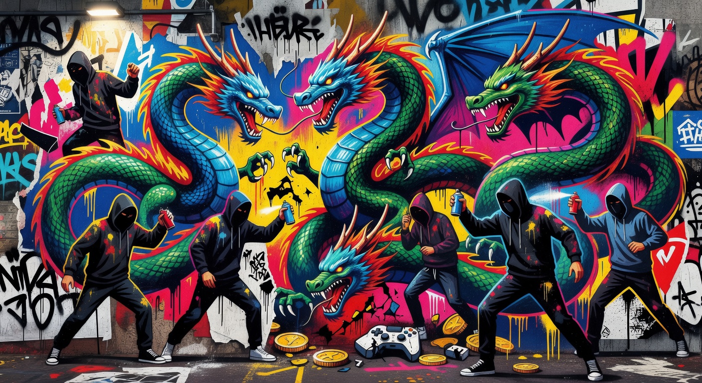 Dunkles Neon-Studio mit Game-Dev-Displays und Warnsymbolen