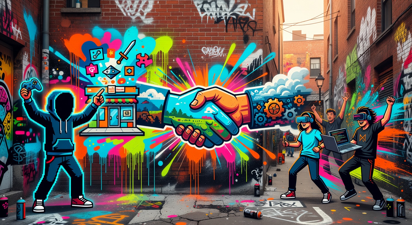 Abstrakte PC-Store-Oberflächen und Download-Symbole in Neonfarben