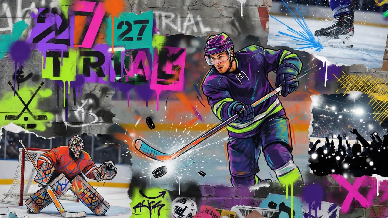 Bunte Eishockey-Gaming-Collage mit Eisfläche, Controller, Stadionlicht und Street-Art-Energie ohne Logos oder echte Figuren