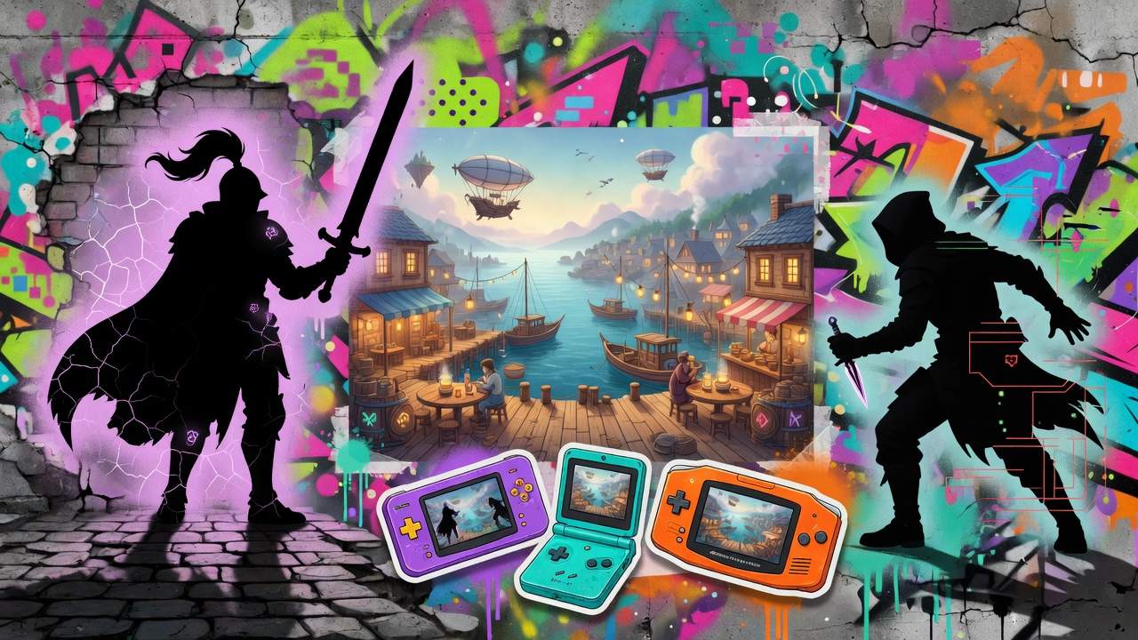 Bunte August-Gaming-Collage mit generischer Handheld-Konsole, Fantasy-Ritter, Hafenstadt und Stealth-Szene ohne Logos