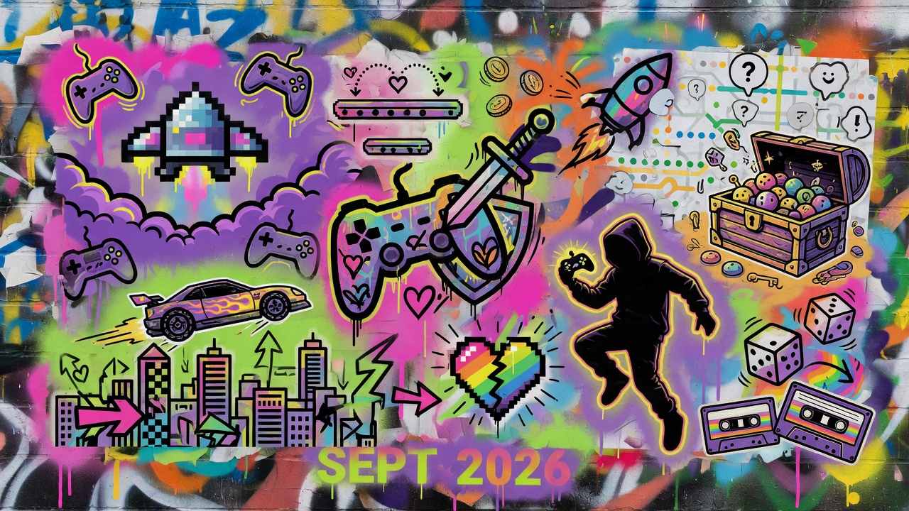 Dynamische Gaming-Collage mit Bühne, Scheinwerfern, Handheld-Silhouette und Bildschirmrahmen ohne Logos oder bekannte Figuren