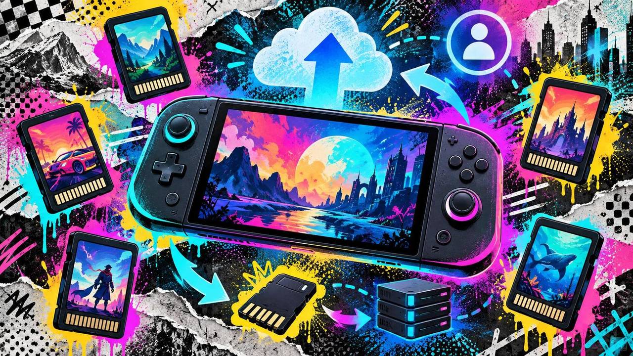 Abstrakte Handheld-Konsole mit Spielkarten, Download-Pfeilen und Speicherchips ohne Logos