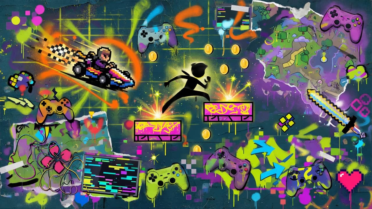 Bunte Gaming-Collage mit Messehalle, Handheld-Konsole, Neon-Lichtern und generischer Sci-Fi-Bühne ohne Logos oder bekannte Figuren
