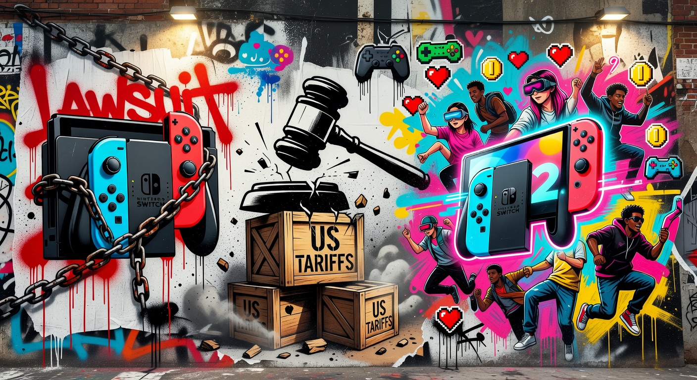 Nintendo Switch 2 vor US-Flagge mit Zollsymbolen