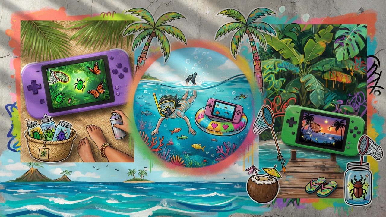 Bunte Sommer-Gaming-Collage mit Insel, Meer, Käfern, Tauchszene und generischer Handheld-Konsole ohne Logos