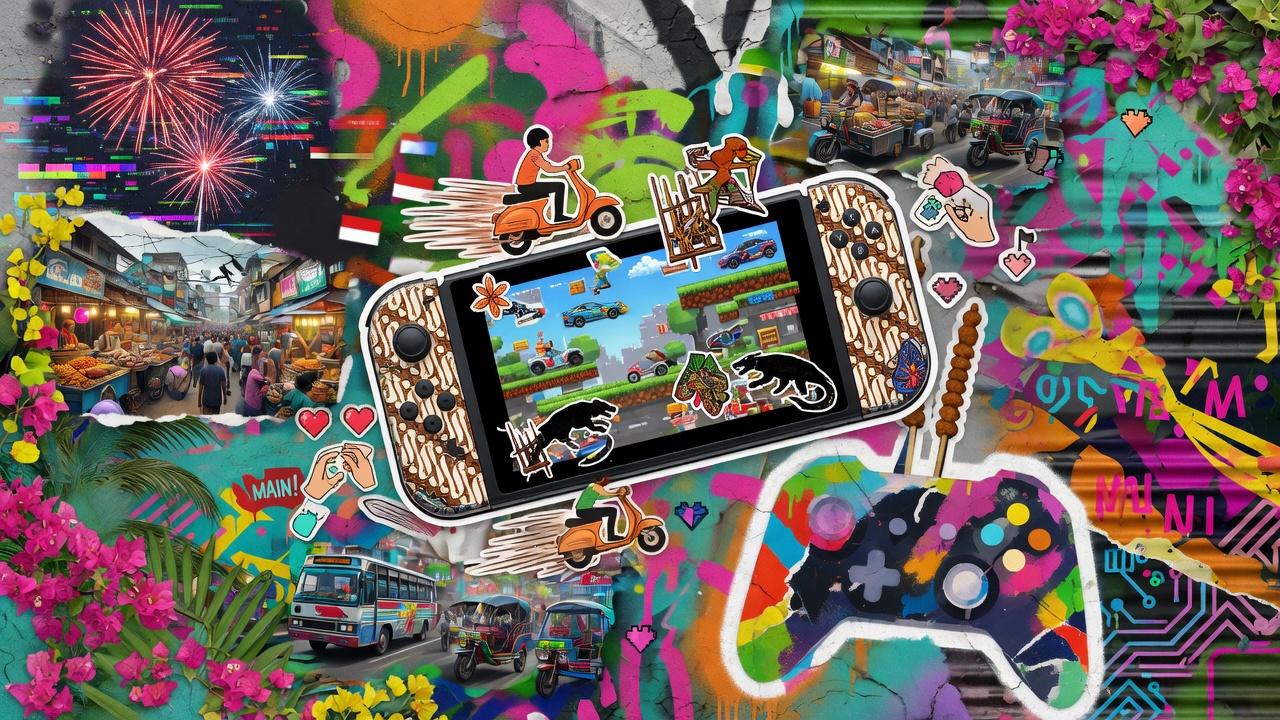 Bunte Handheld-Gaming-Collage mit zwei generischen Konsolen, tropischer Skyline und Neonmarkt ohne Logos oder bekannte Figuren