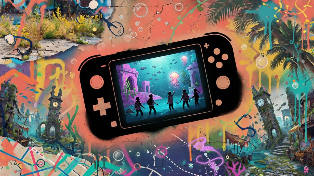 Bunte Gaming-Collage mit Fantasy-Landschaft, Unterwasserstadt, Wandergruppe und Handheld-Konsole ohne Logos