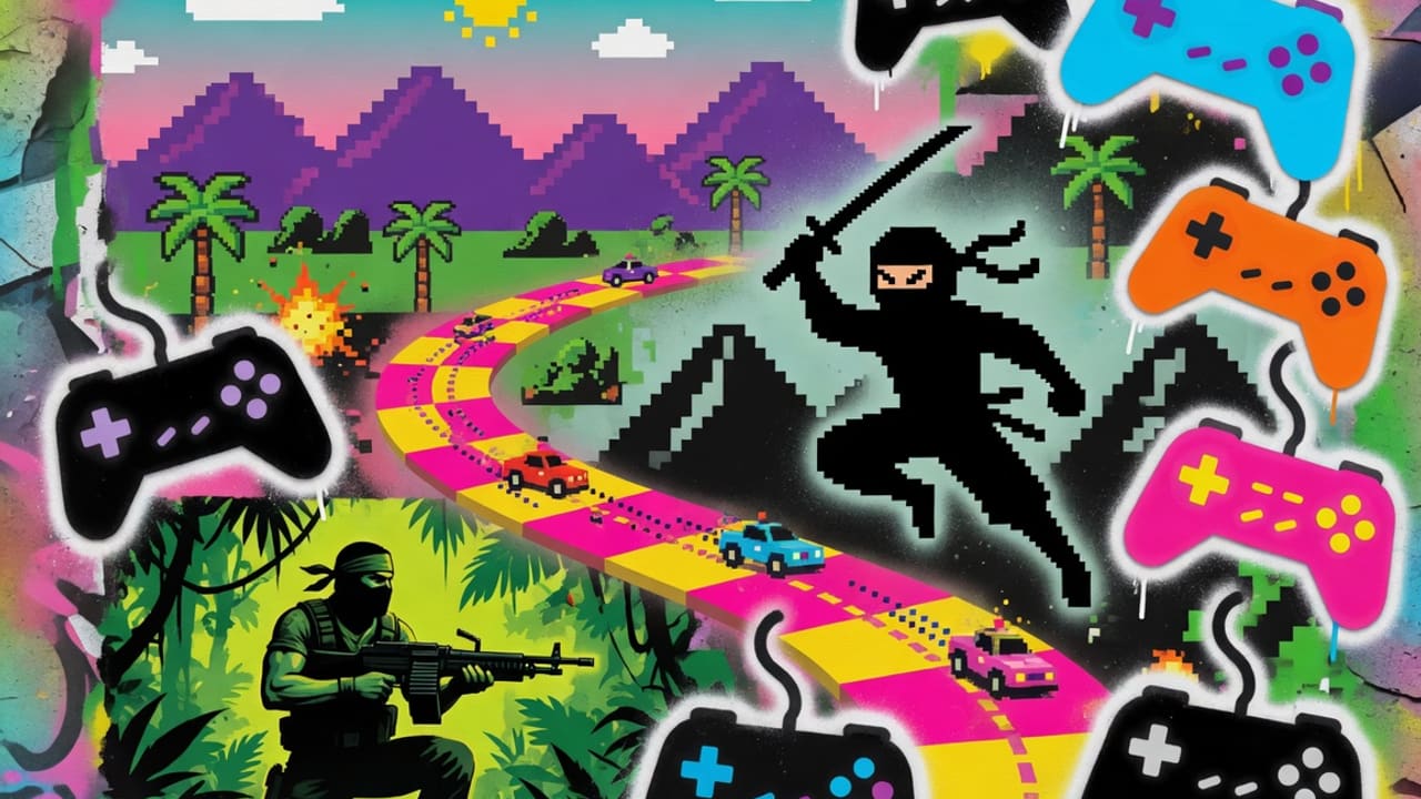 Retro-Gaming-Collage mit generischem Controller, Pixel-Rennstrecke, Ninja-Silhouette und 8-Bit-Action ohne Logos