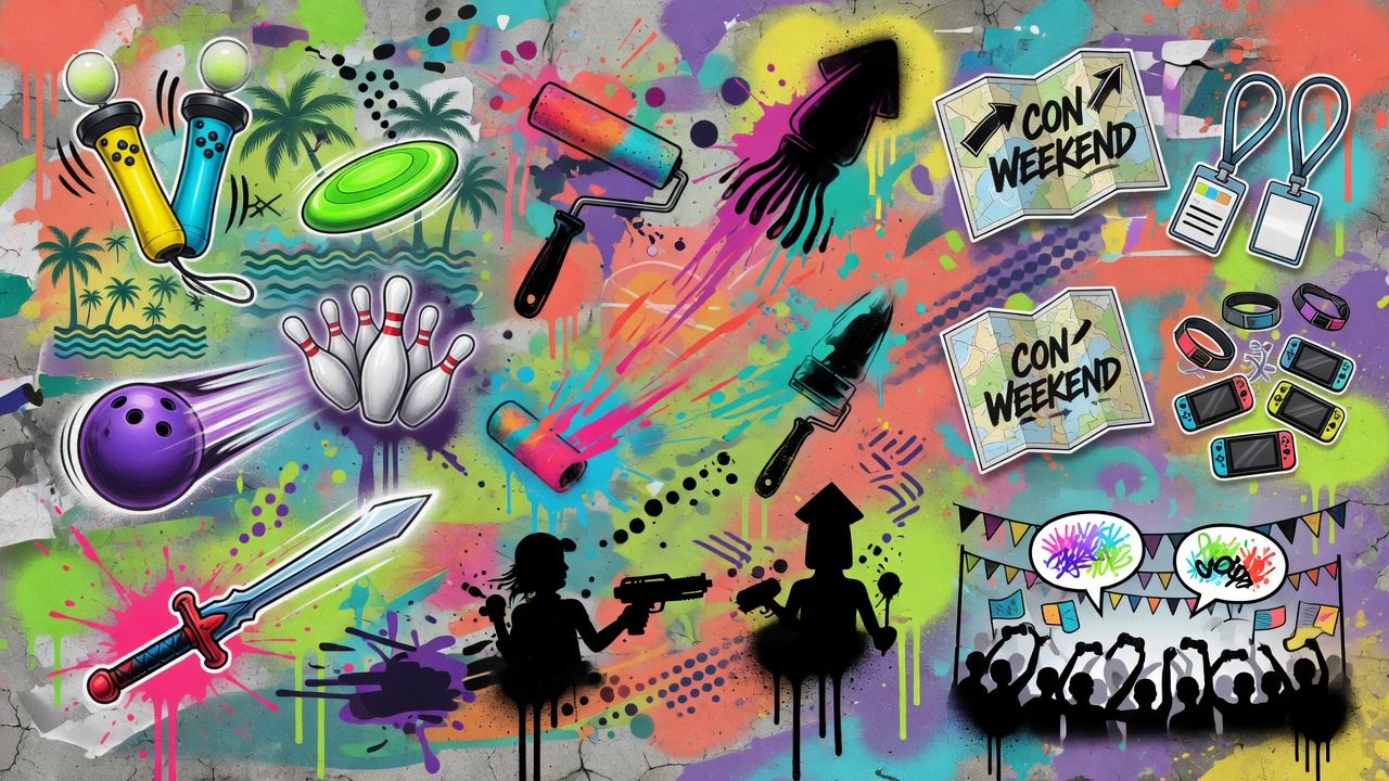 Bunte Convention-Gaming-Collage mit Sportarena, Bewegungssteuerung und farbigem Abenteuerstand ohne Logos oder Markenfiguren