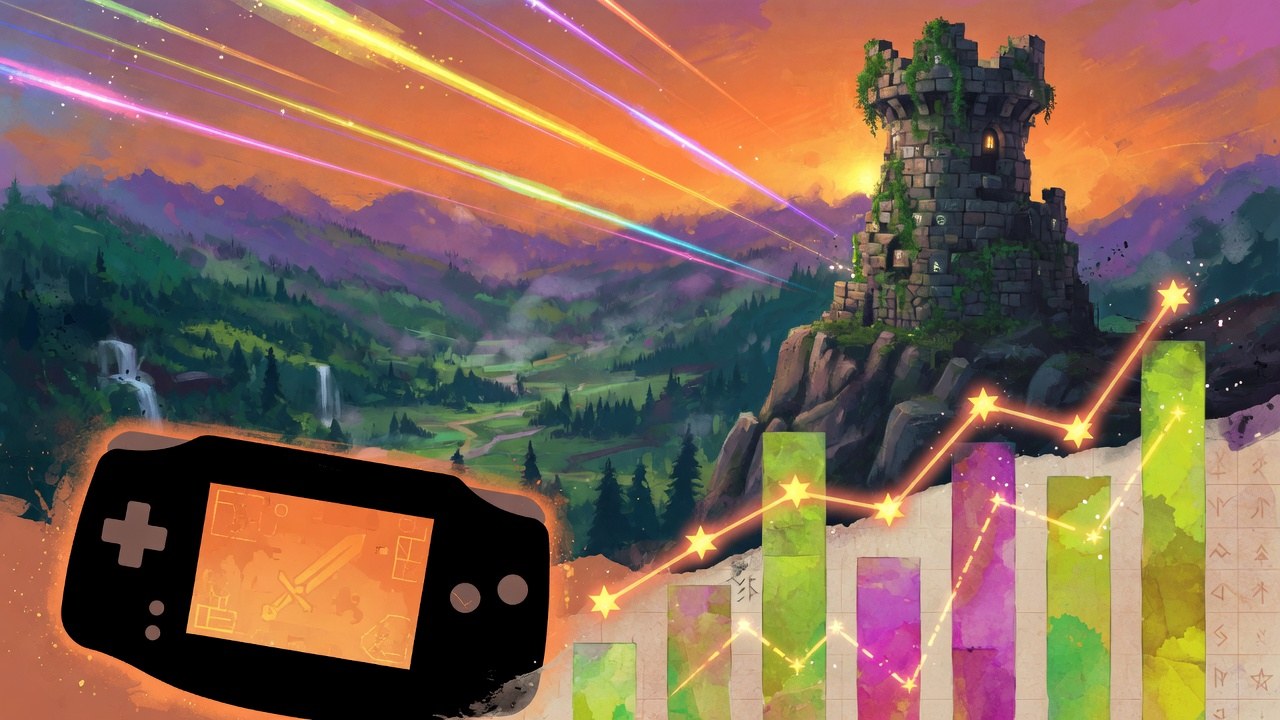 Fantasy-Landschaft mit Burgturm, Handheld-Silhouette und leuchtenden Chart-Balken ohne Logos oder bekannte Figuren