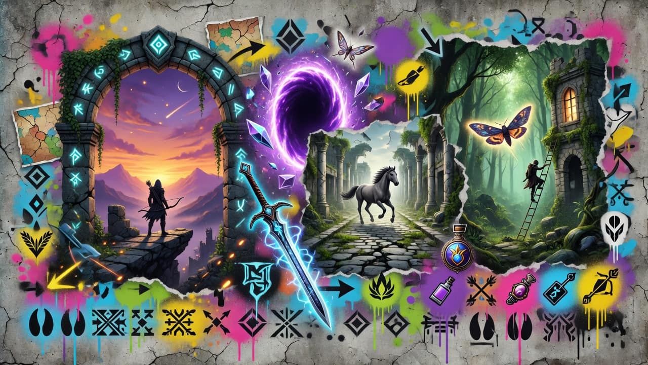 Fantasy-Landschaft mit Burgruine, magischem Tor und Handheld-Silhouette ohne Logos oder bekannte Figuren