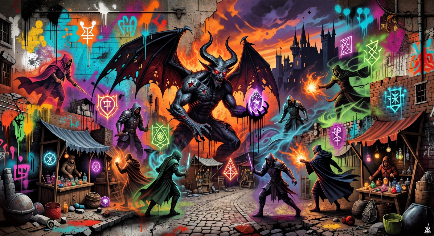 Bunte Fantasy-MMO-Collage mit generischen Abenteurerfiguren, dämonischen Symbolen und mittelalterlicher Stadtkulisse ohne Logos oder bekannte Charaktere