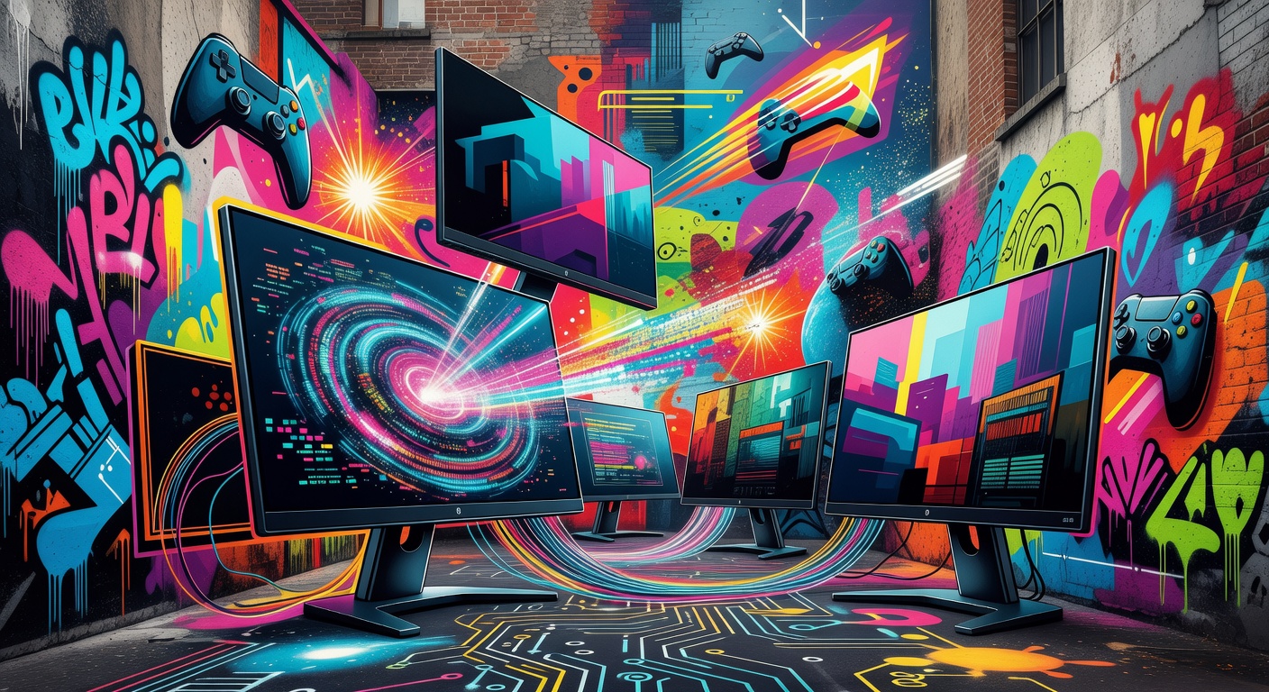 Abstrakte Darstellung eines OLED-Gaming-Monitors mit farbigem Licht