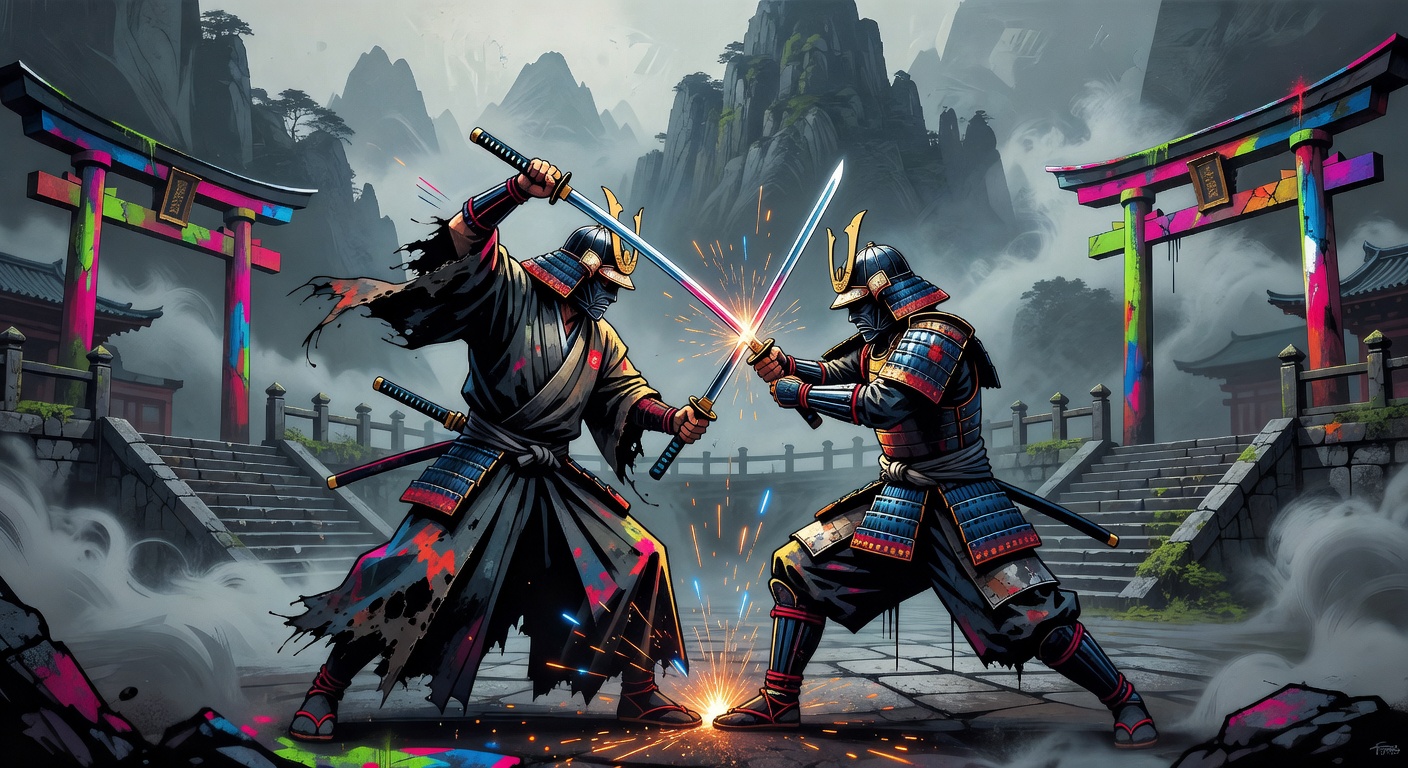 Generische Samurai-Action-Szene mit leuchtendem Schwert vor nebliger Bergkulisse