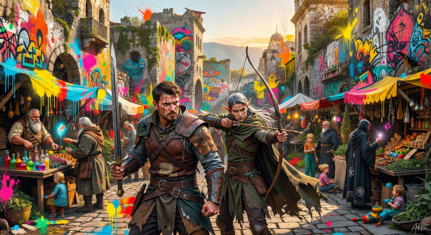 Fantasy-Abenteurer vor weiter Landschaft mit minimalistischer UI-Anmutung als Symbol für zugängliche PC-Anforderungen