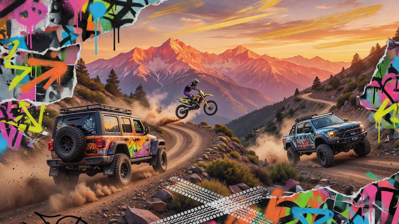 Stilisierte Offroad-Szene mit Geländewagen, Bergpfad und weiter Landschaft ohne Logos