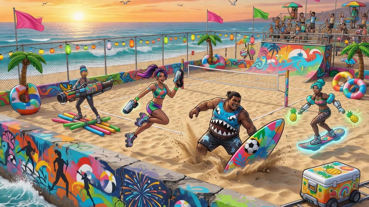 Sommerliche Hero-Shooter-Arena mit Strandkulisse und energiegeladenem Match