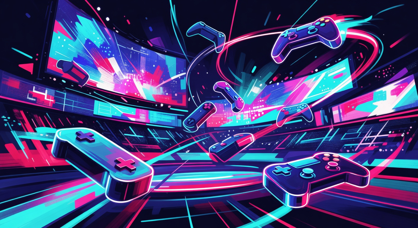 Stilisierte Shooter-Szene auf Handheld und TV mit dynamischen Neonfarben