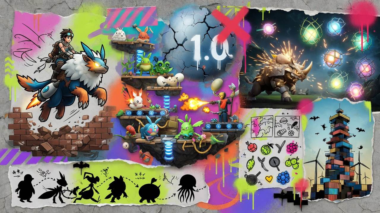 Bunte Monsterfang- und Survival-Collage mit Inseln und Weltenbaum ohne Logos