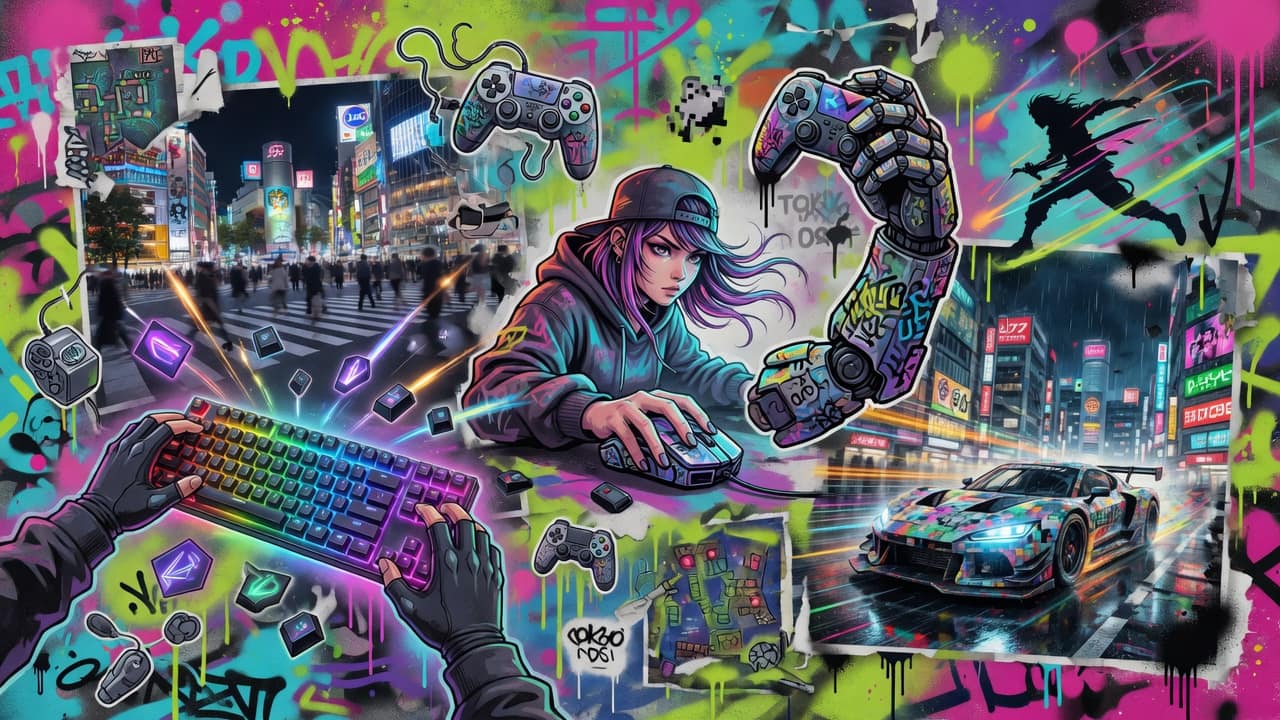 Bunte Street-Art-Collage mit generischer Gaming-Bühne, Neon-Stadtlichtern, Controllern und PC-Monitoren ohne Logos oder bekannte Figuren