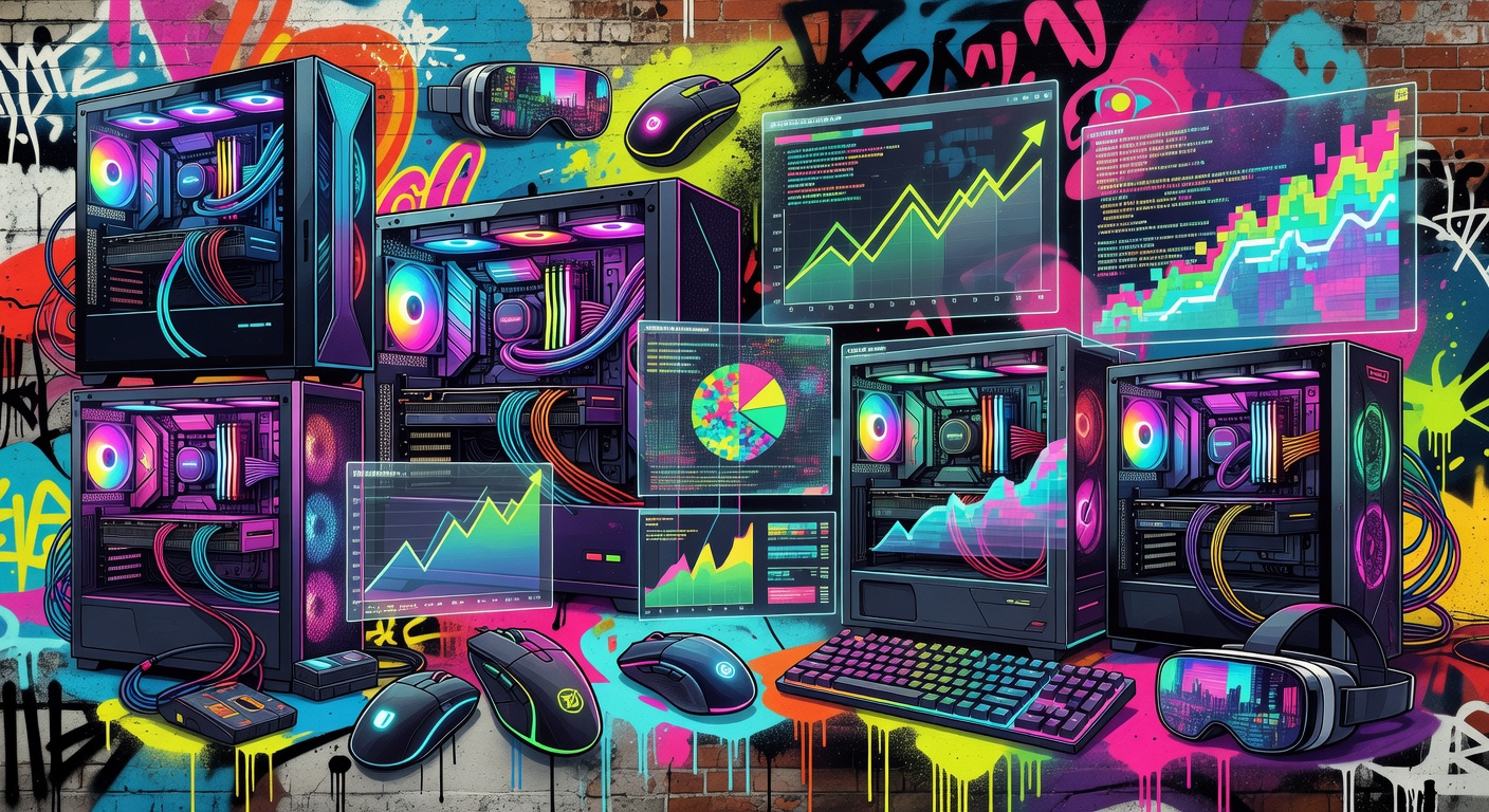 Abstrakte Gaming-Collage mit Diagrammen und PC-Setup