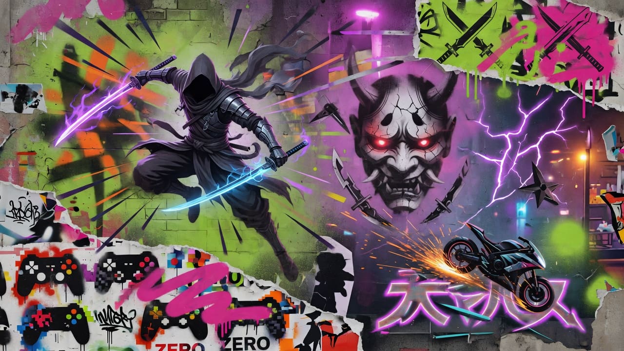 Düstere Wuxia-Gaming-Collage mit maskiertem Schwertkämpfer, Neonlicht und generischer Stadtkulisse im Street-Art-Stil ohne Logos