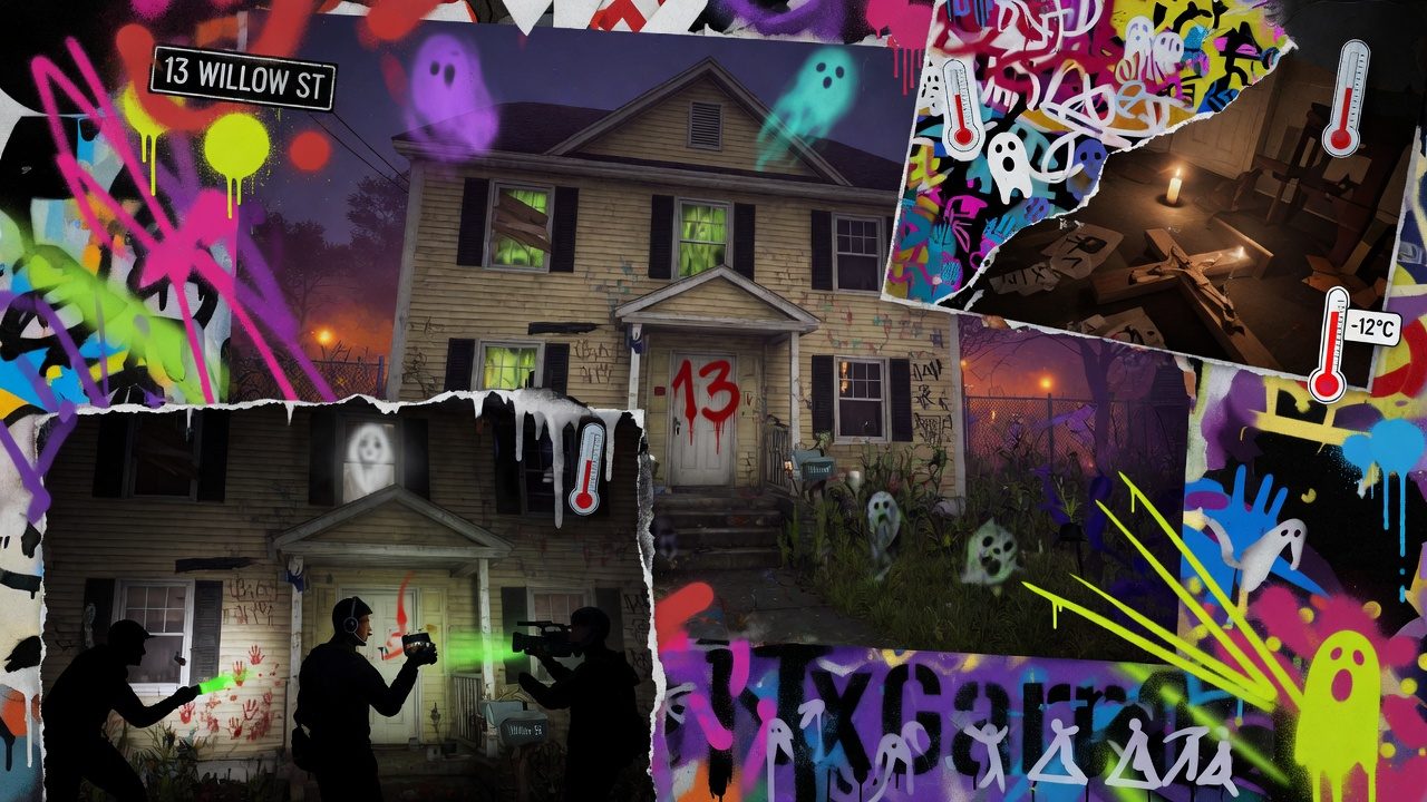 Atmosphärische Horror-Haus-Collage mit Ermittlerteam, düsterem Flur und kaltem Licht ohne Logos oder bekannte Figuren