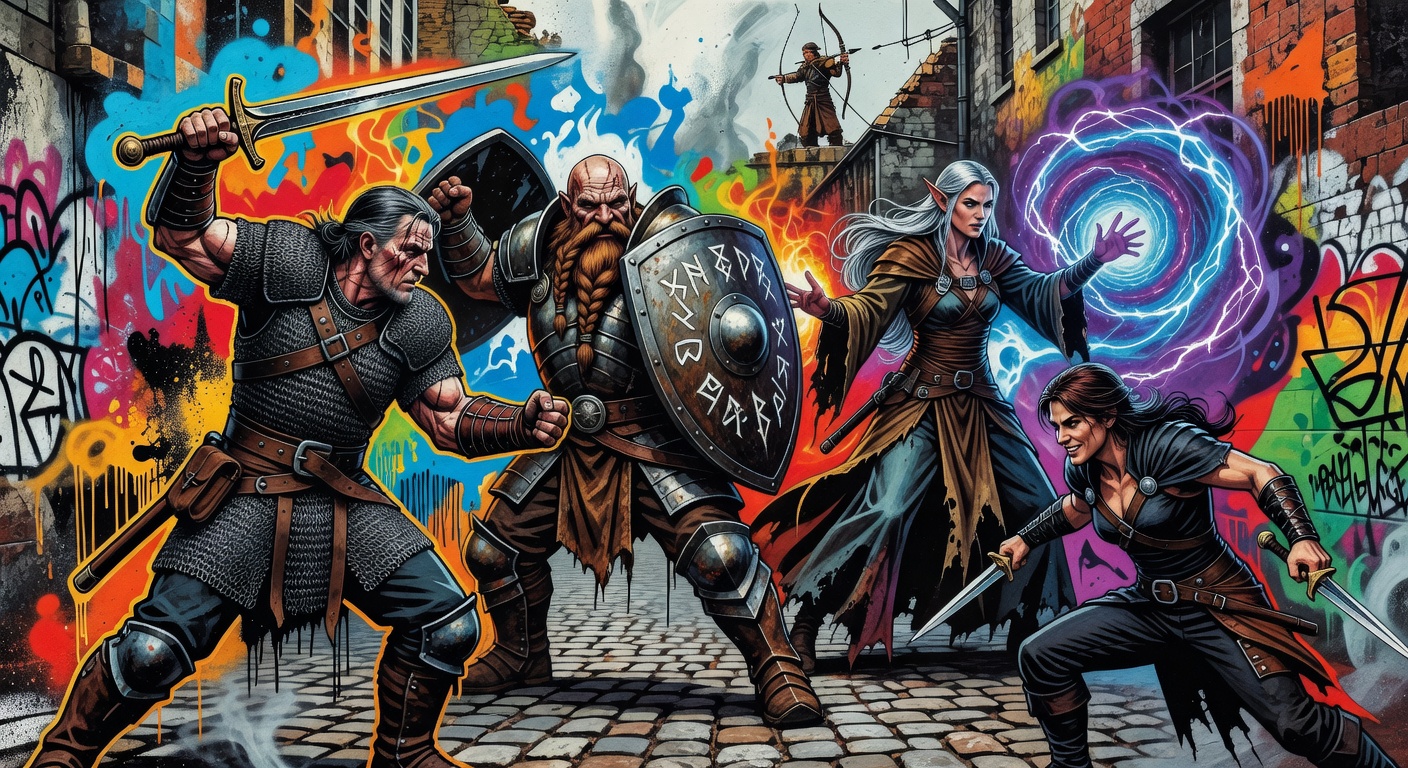 Abstrakte Fantasy-Rollenspielszene mit taktischem Schlachtfeld, Helden-Silhouetten und leuchtenden Rundenmarkern ohne bekannte Figuren oder Logos