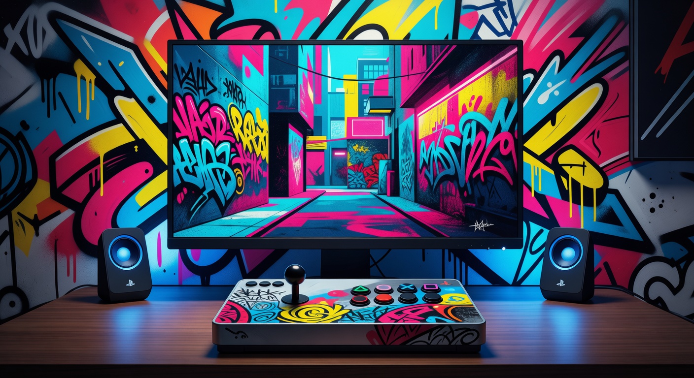 Abstraktes Desktop-Gaming-Setup mit 27-Zoll-Monitor, Fight Stick und Lautsprechern ohne Logos