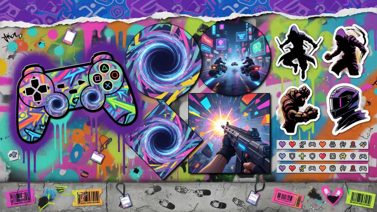 Dynamische Gaming-Collage mit Convention-Bühne, stilisierten Actionfiguren und blau-roter Lichtstimmung ohne Logos oder Markenfiguren