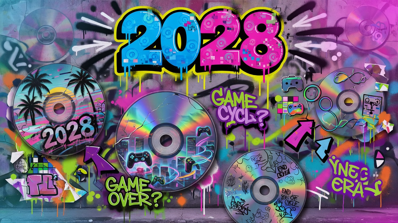 Generische Gaming-Collage mit Konsole, Huelle, Download-Symbolen und leuchtender Stadt ohne Logos oder Markenfiguren