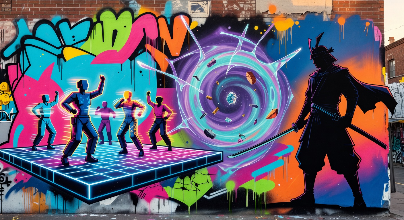 Generische Retro-Gaming-Collage mit rhythmischer Neonbuehne, psionischen Effekten und Samurai-Silhouette