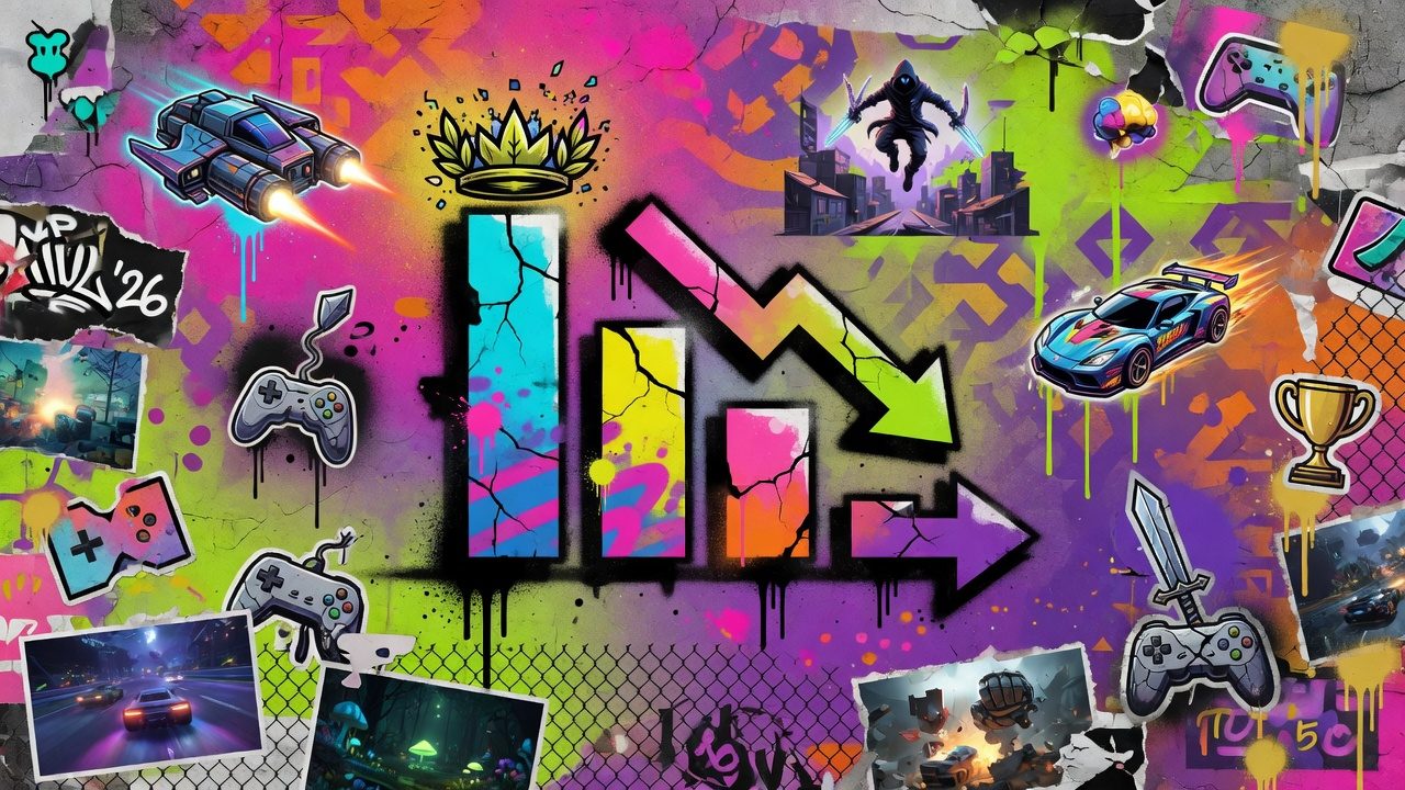 Abstrakte Gaming-Collage mit futuristischen Stadtlichtern, VR-Helm und Action-Silhouetten ohne Logos oder Markenfiguren