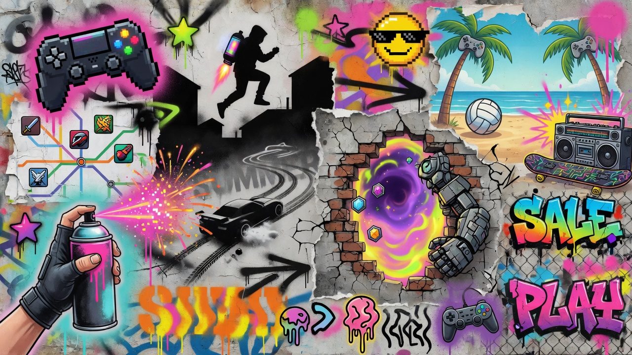 Bunte Gaming-Collage im Street-Art-Stil mit Sommerlicht, Controllern und digitalen Angebotskarten ohne Logos