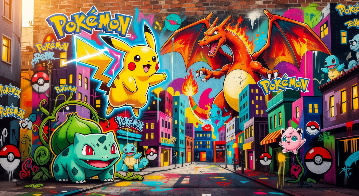 Buntes Pokémon-inspiriertes Dorf mit Festivalstimmung