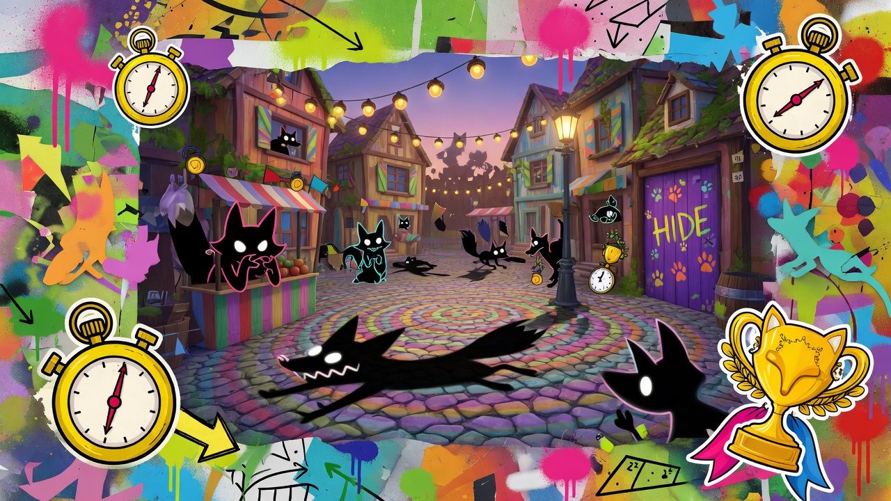 Bunte Gaming-Collage mit gemütlichem Dorfplatz, versteckspielartiger Festivalstimmung, Stoppuhr und Trophäe in markenfreier Illustration
