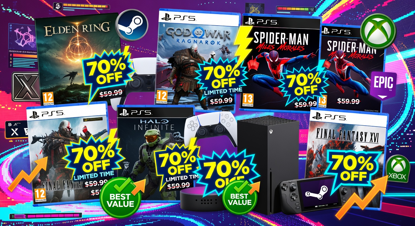 Gaming Deals Collage mit Sale-Tags und Game-Covern