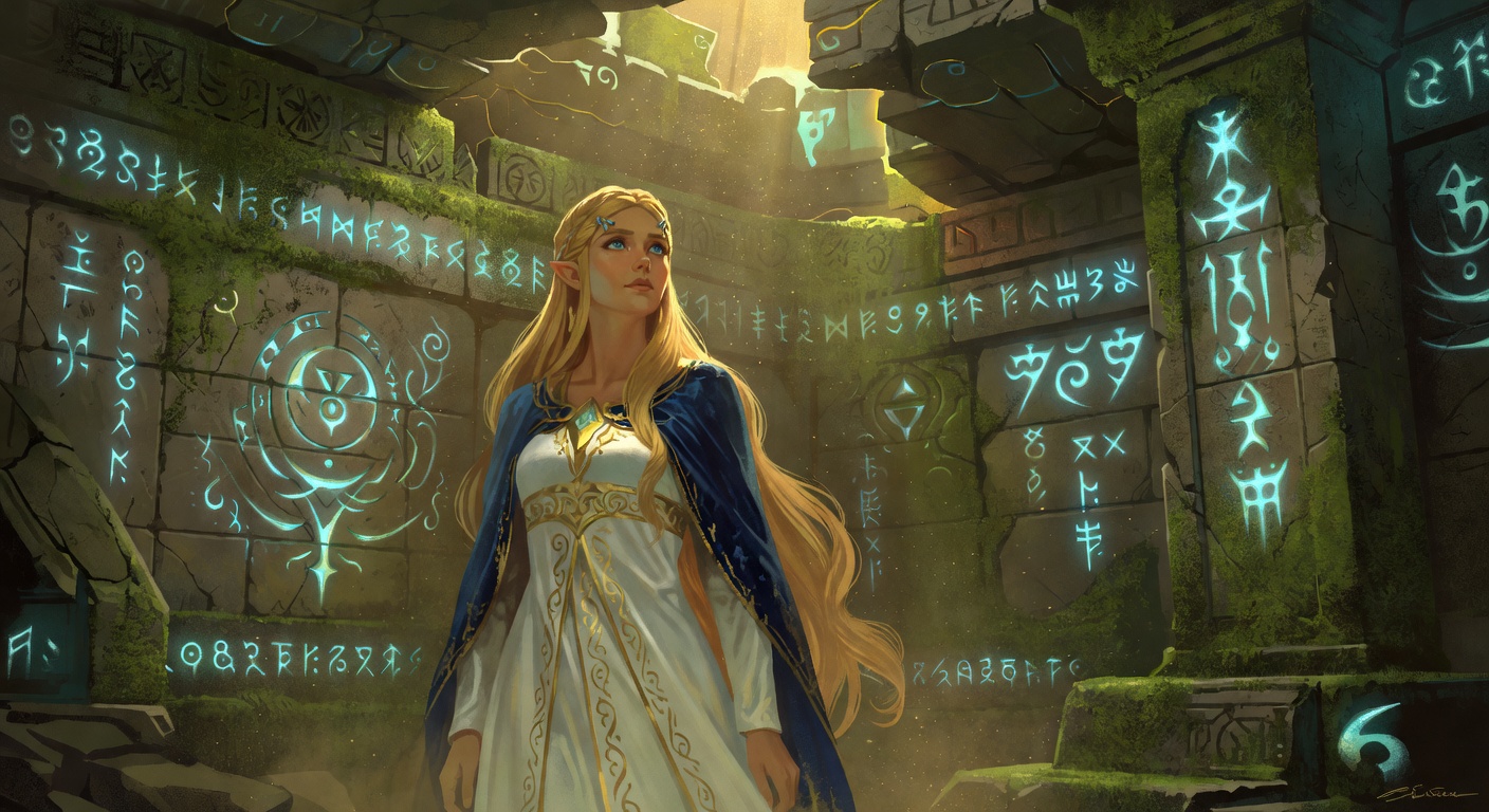Künstlerische Zelda-Atmosphäre mit alten Schriftzeichen und Fantasy-Licht