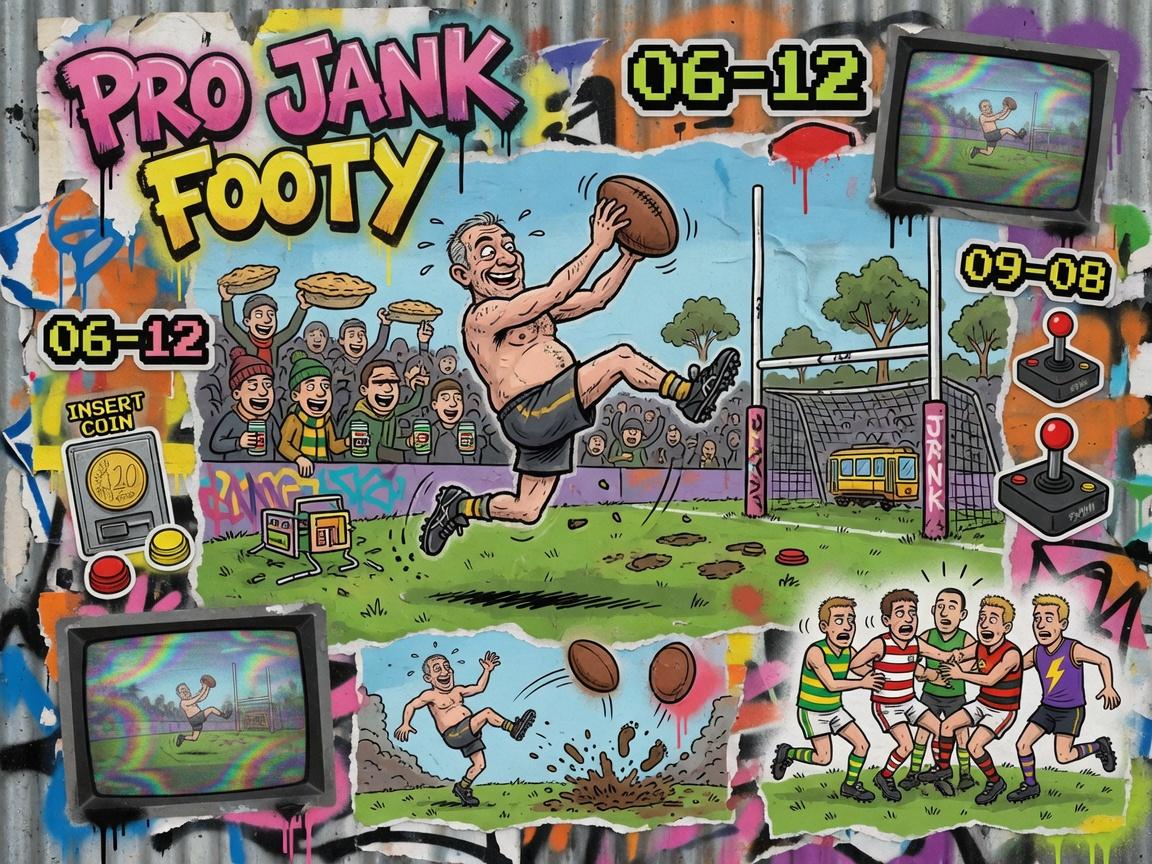 Bunte Arcade-Sport-Collage mit ovalem Spielfeld, chaotischen Power-ups und comicartiger Stadionatmosphäre ohne Logos oder bekannte Figuren