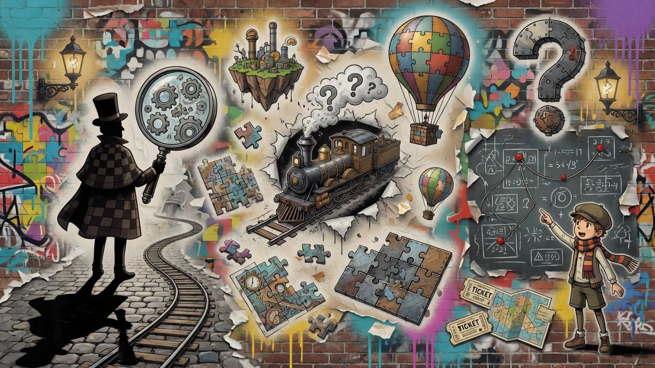 Bunte Street-Art-Collage mit dampfbetriebener Stadt, Rätselsymbolen und zwei Detektiv-Silhouetten ohne Logos