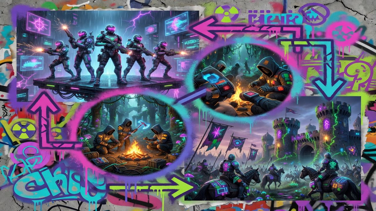 Dynamische Sci-Fi-Gaming-Collage mit futuristischen Soldaten, mittelalterlicher Burg und Neon-Horror-Stimmung ohne Logos oder bekannte Figuren
